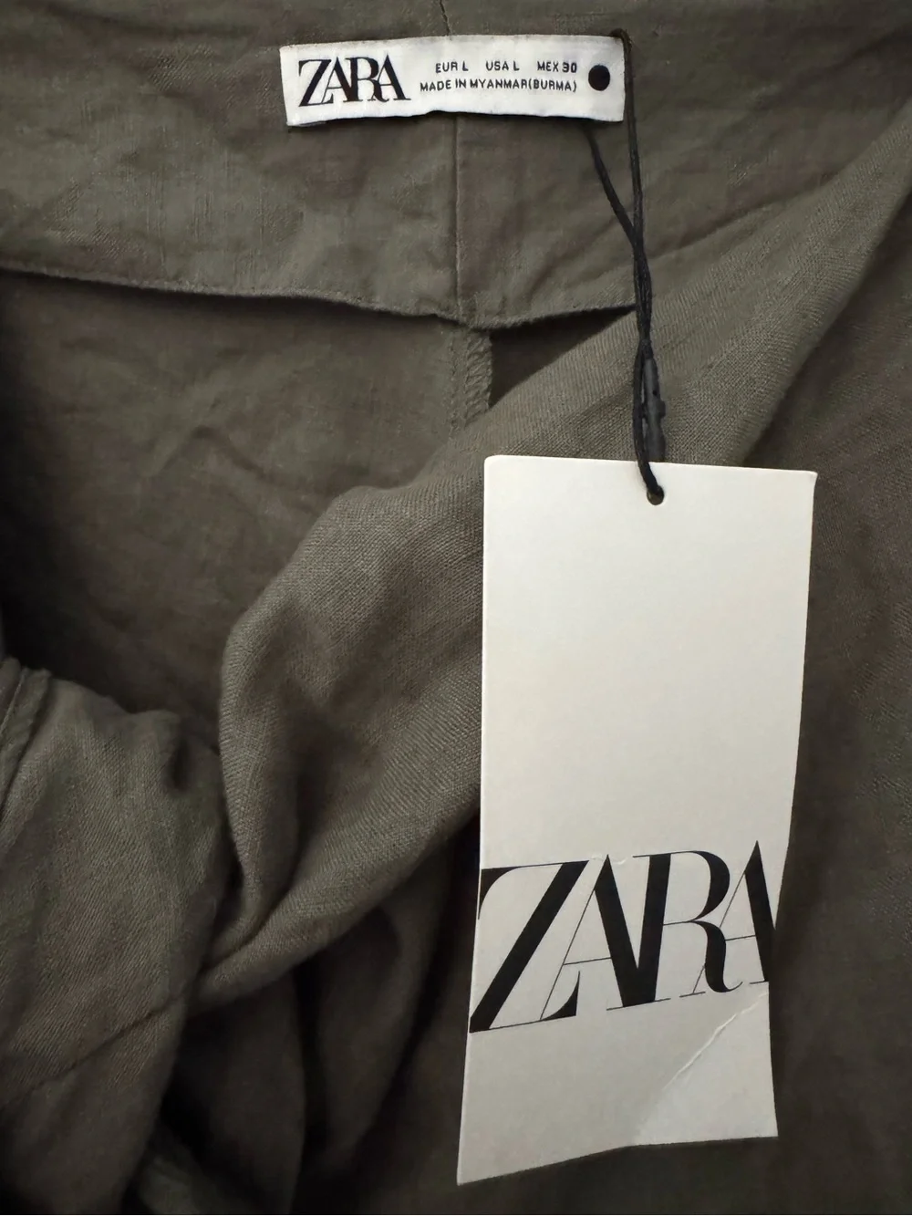 ZARA Pareo Linen Wide Leg Pants Large Green Drape Slouchy Minimalist Resort NWT